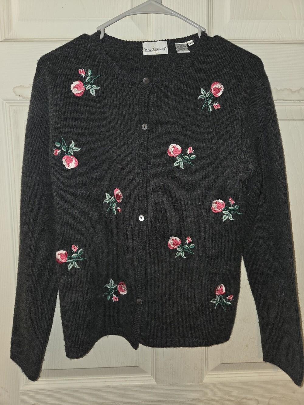 Women's Sarah Chapman Charcoal Gray Cardigan with Pink Floral Embroidery Size L